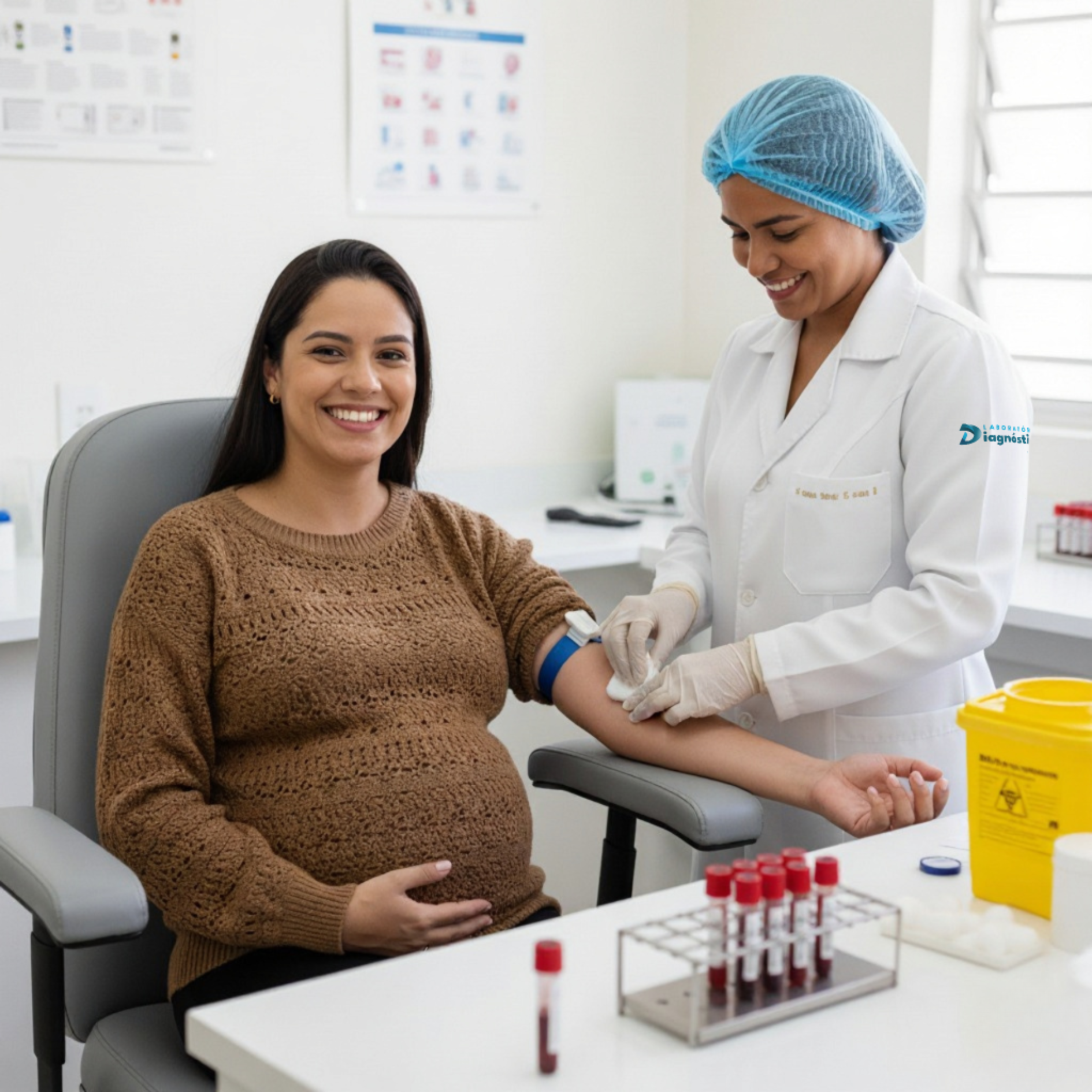 Foto de uma mãe gestante sorrindo e tocando a barriga.
